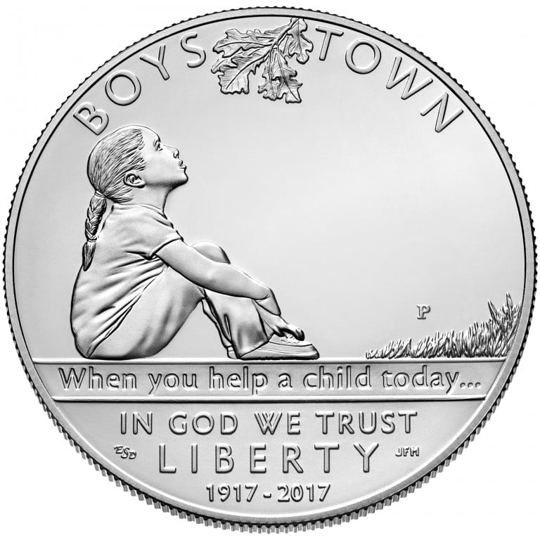 Boys Town silver coin featuring girl sitting under tree