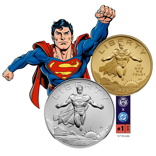 Superman graphic with silver medal and gold coin