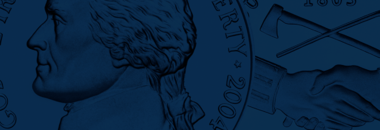 blue background with Jefferson Nickels