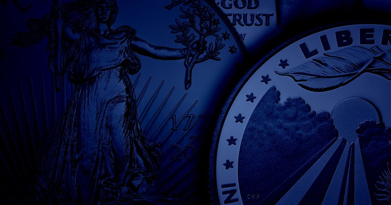 blue background with precious metal coins