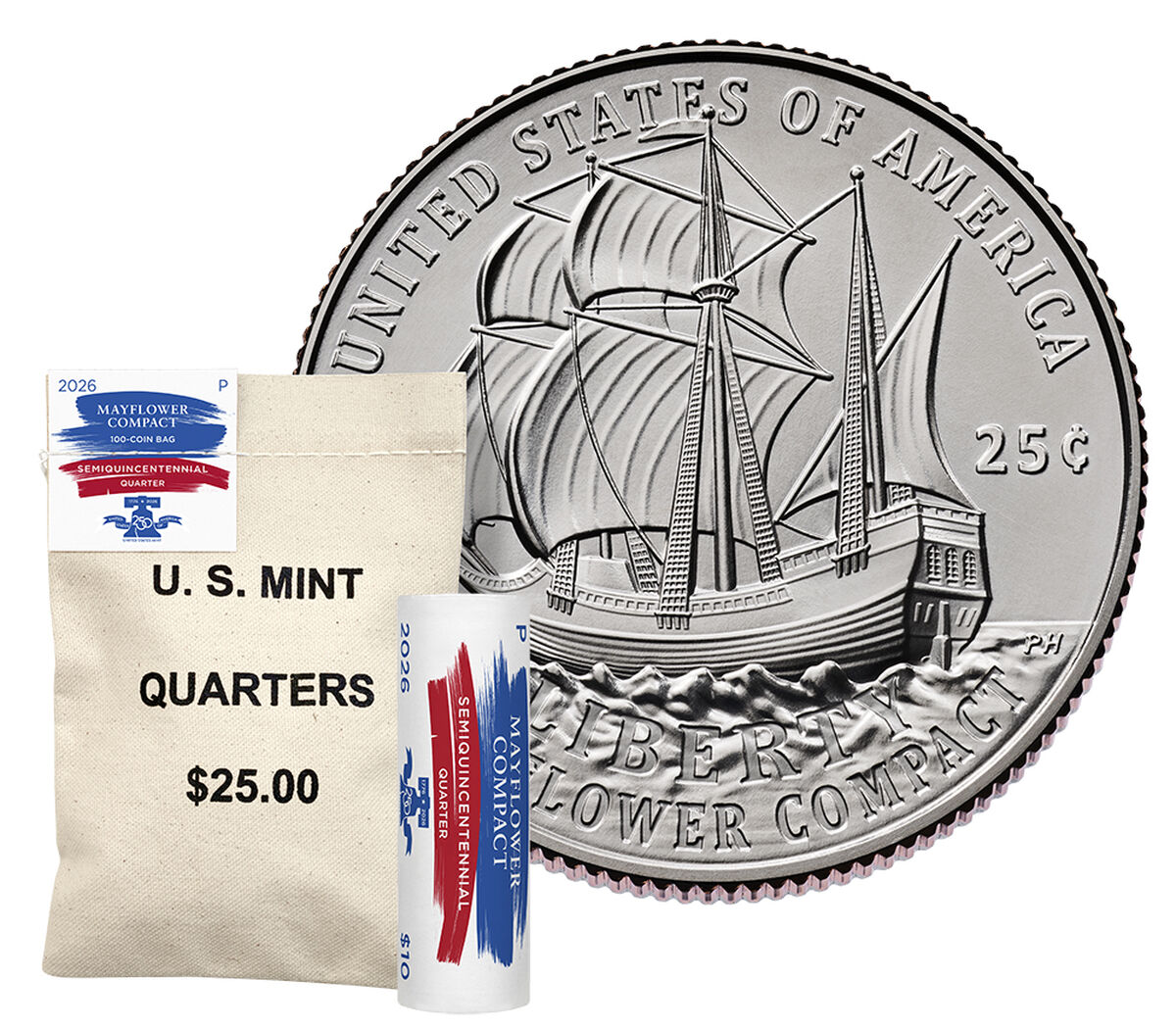 Semiquincentennial Quarters 2026 Rolls and Bags - Mayflower Compact image number 1.0