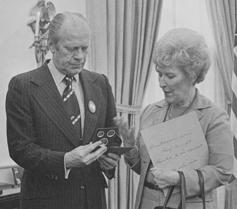 Mint Director Mary Brooks Presents Bicentennial Coins to President Ford
