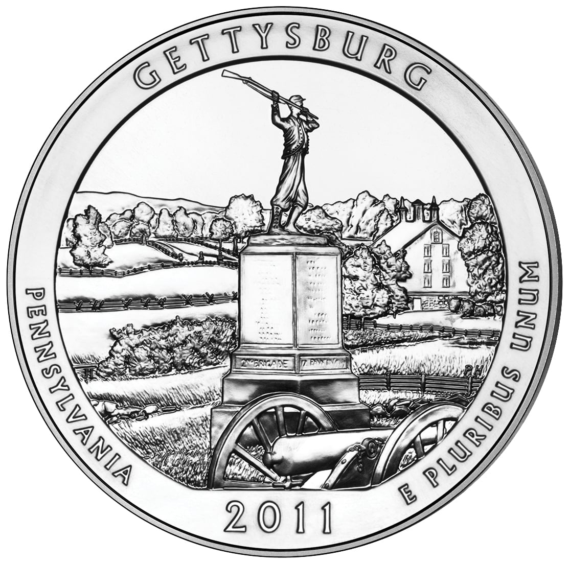2011 America The Beautiful Quarters Five Ounce Silver Bullion Coin Gettysburg Pennsylvania Reverse