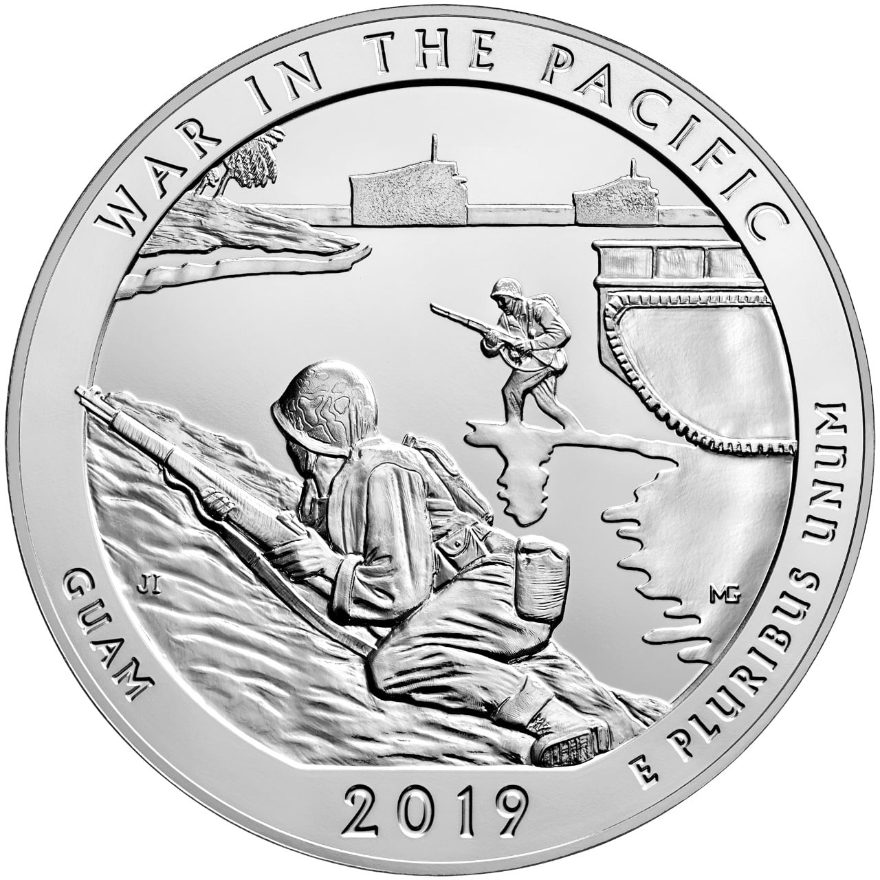 2019 America the Beautiful Quarters Five Ounce Silver Bullion Coin War in the Pacific Guam Reverse