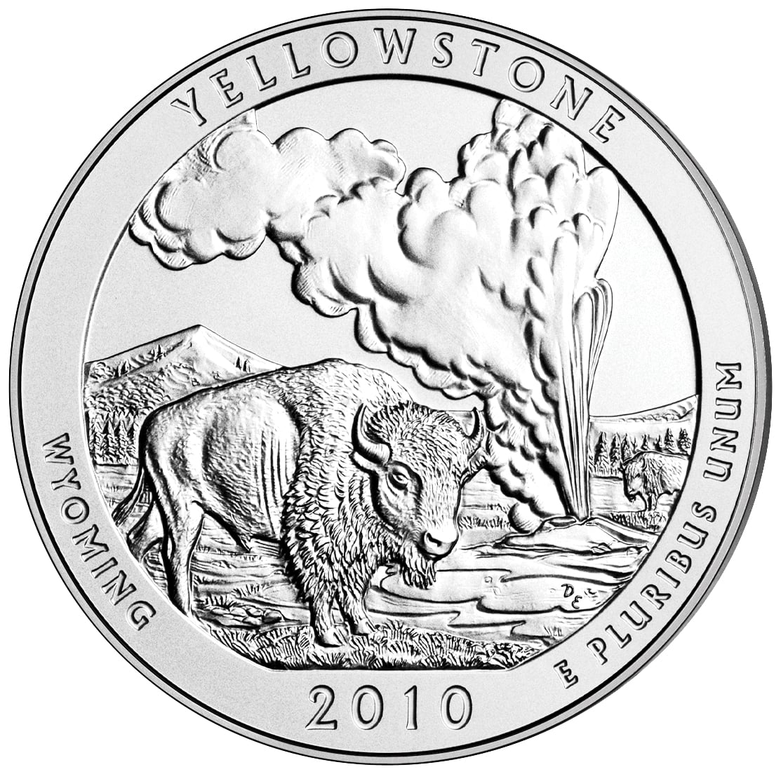 2010 America The Beautiful Quarters Five Ounce Silver Uncirculated Coin Yellowstone Wyoming Reverse