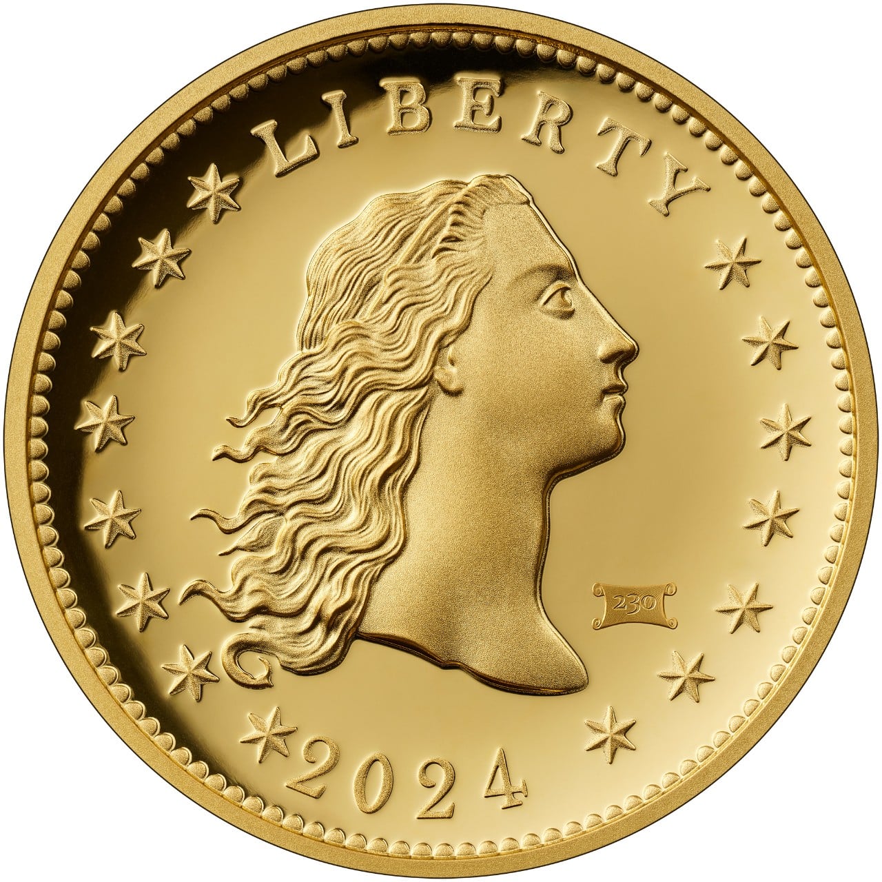 230th Anniversary Flowing Hair Gold Coin Obverse with Privy Mark