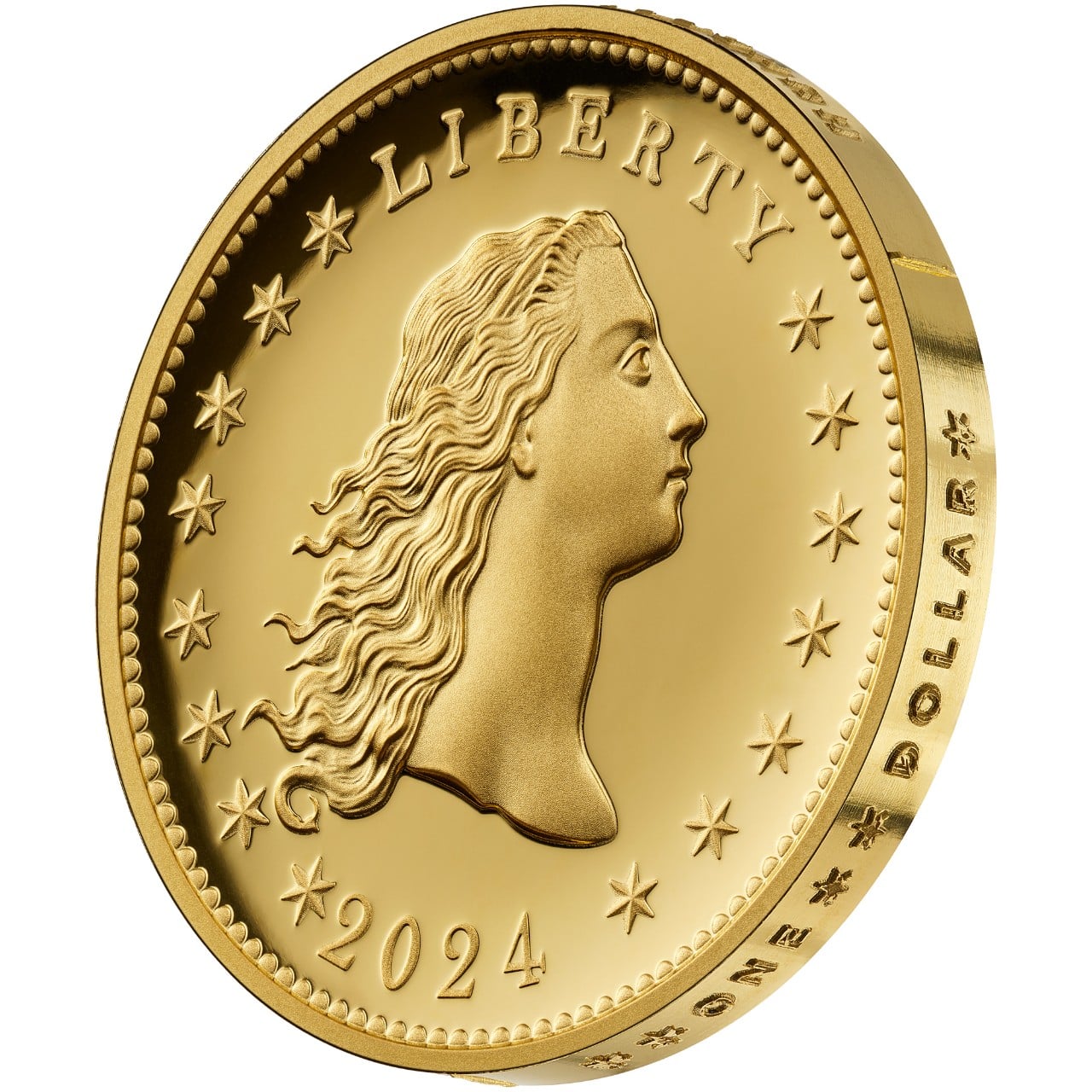 2024 230th Anniversary Flowing Hair Gold Coin Obverse Angle