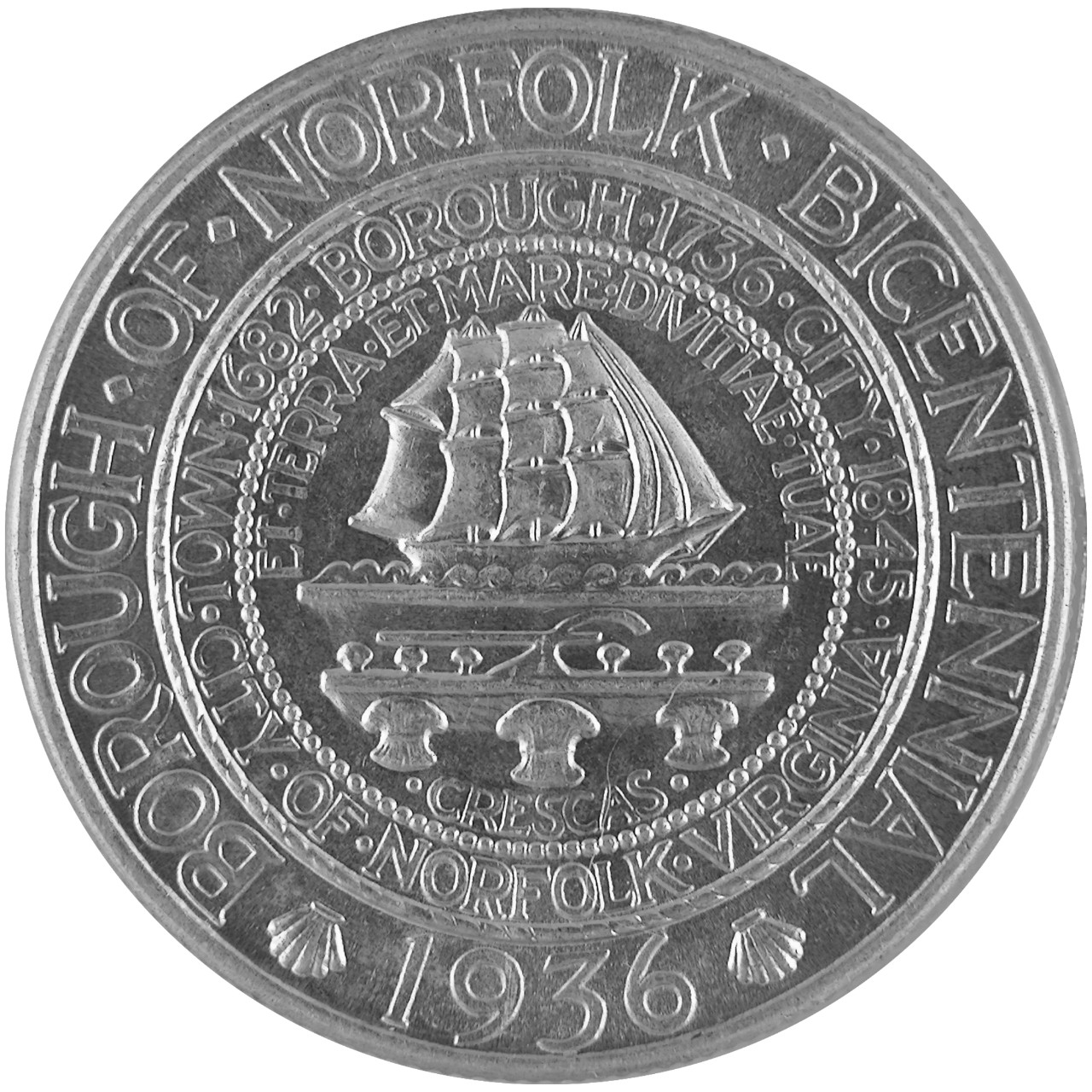 1936 Norfolk Bicentennial Commemorative Silver Half Dollar Obverse
