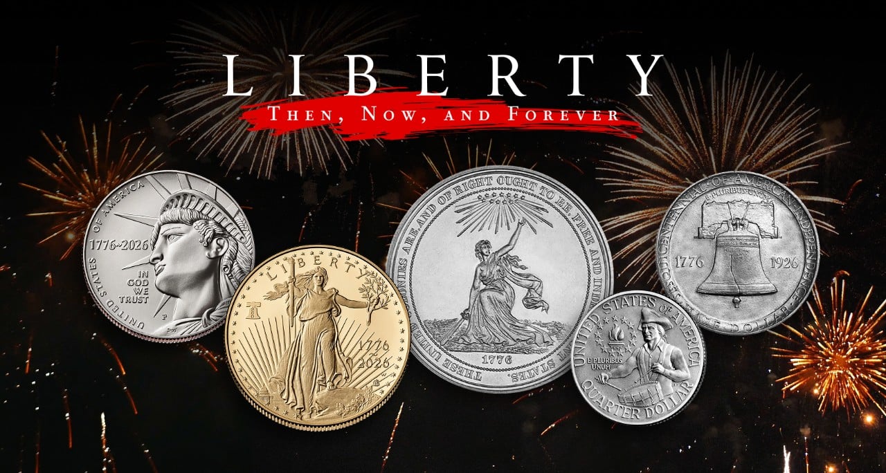 Fireworks and Collage of Coins Celebrating American Independence