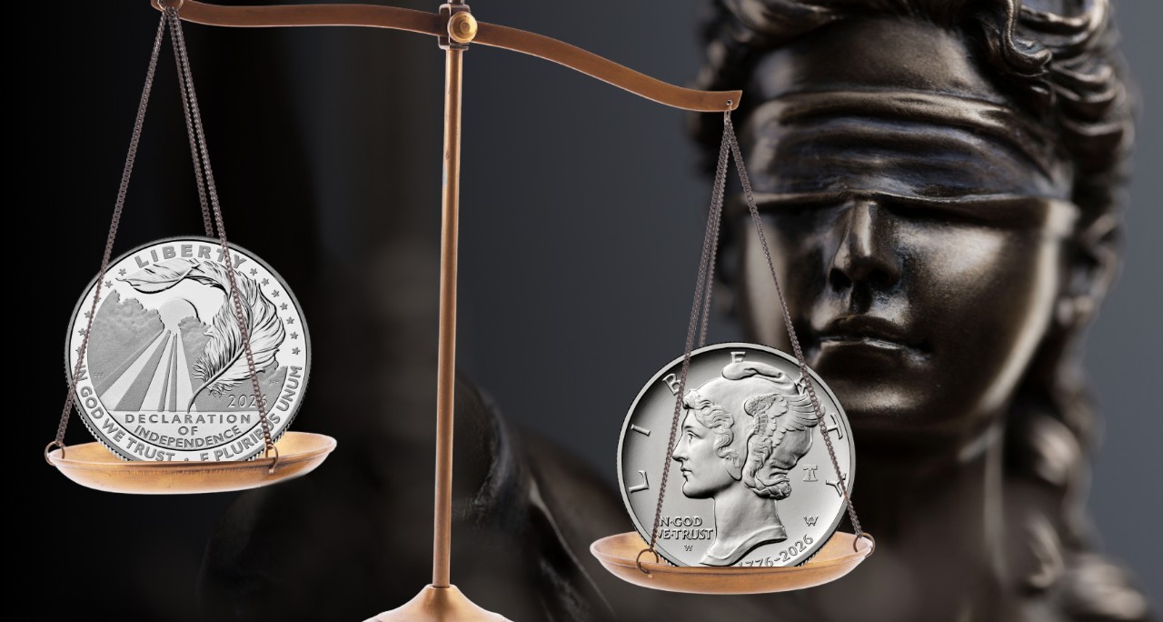 Justice Is Blind Statue with Scales and Coins