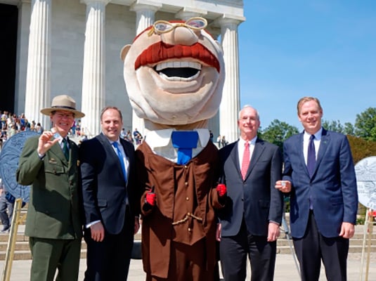 From left to right: Vic Knox (NPS), Rhett Jeppson (Mint), Teddy Roosevelt mascot, Gerry Gabrys (GSI), Will Shafroth (NPF).