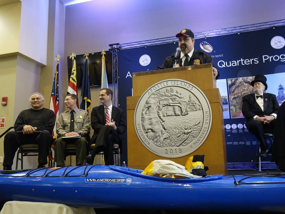 Red Cliff Tribal Chairman Rick Peterson speaks during the ceremonial launch on April 11, 2018, in Red Cliff, Wis.