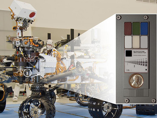 Curiosity rover and its calibration targets, including a penny