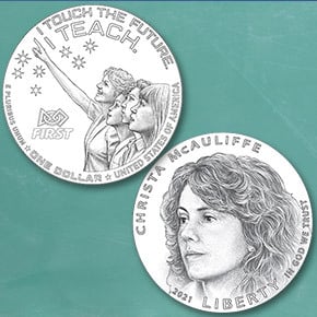 2021 Christa McAuliffe Commemorative Coin reverse and obverse line art
