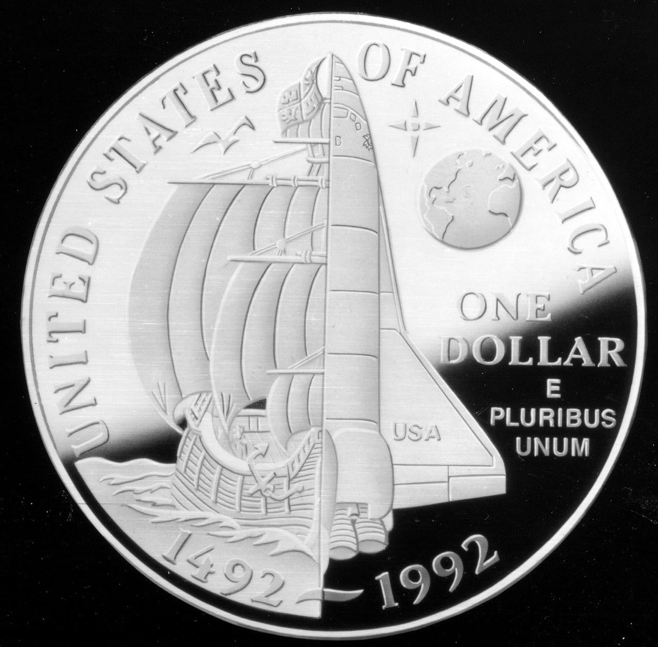 1992 Christopher Columbus Quincentenary Commemorative Silver One Dollar Proof Reverse