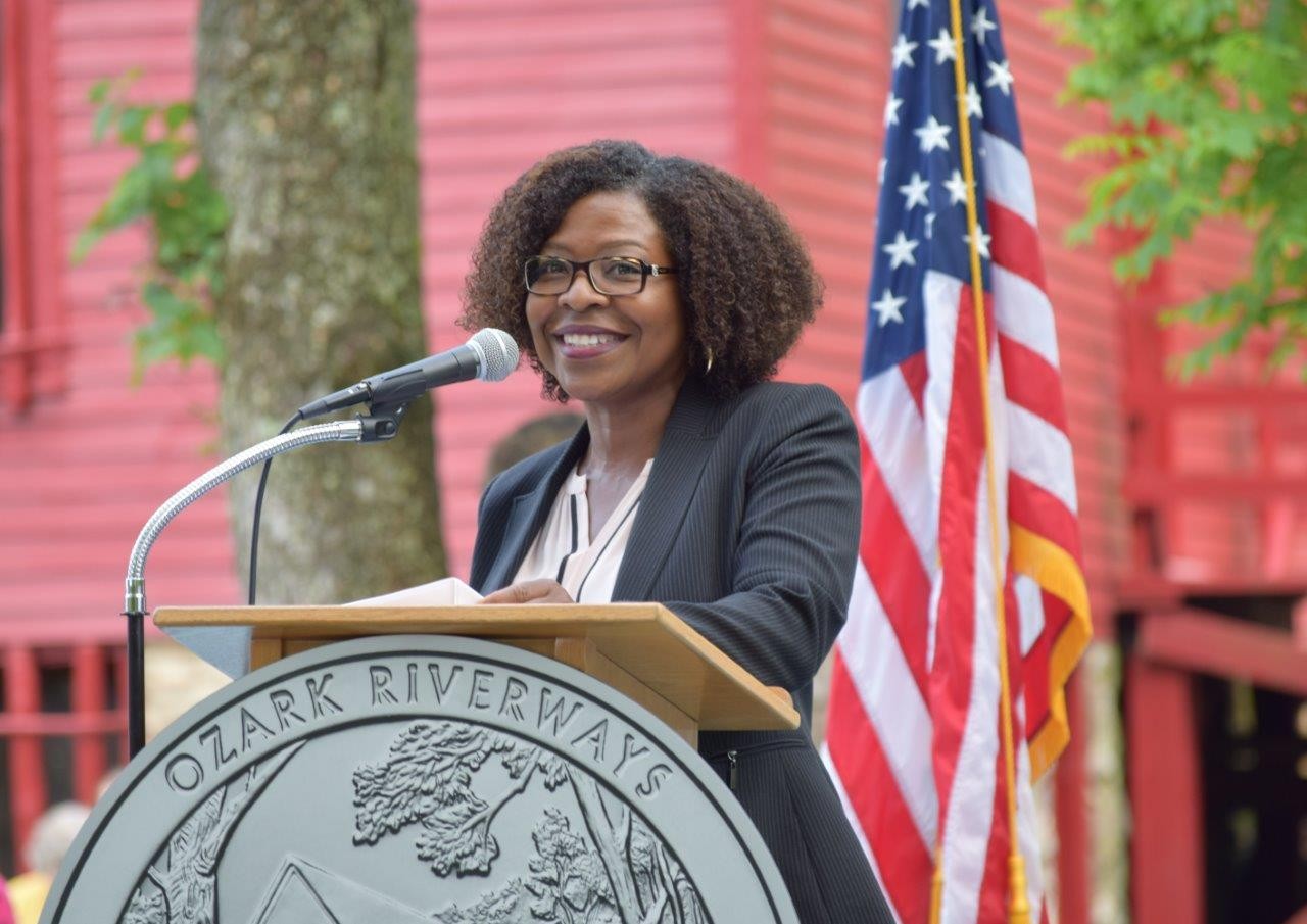 Michele Satchell at a podium