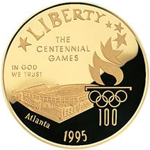 1995 Centennial Olympic Games Olympic Stadium Gold $5 Proof Obverse