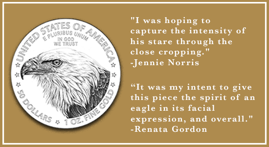 "I was hoping to capture the intensity of his stare through the close cropping." Jennie Norris "It was my intent to give this piece the spirit of an eagle in its facial expression, and overall." Renata Gordon