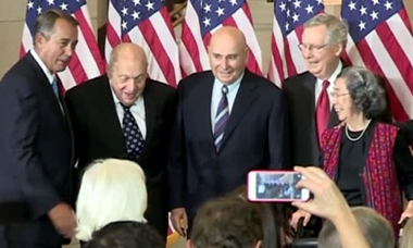 Members of Congress pose with three Monuments Men at the medal ceremony.