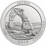 2014 America The Beautiful Quarters Five Ounce Silver Uncirculated Coin Arches Utah Reverse
