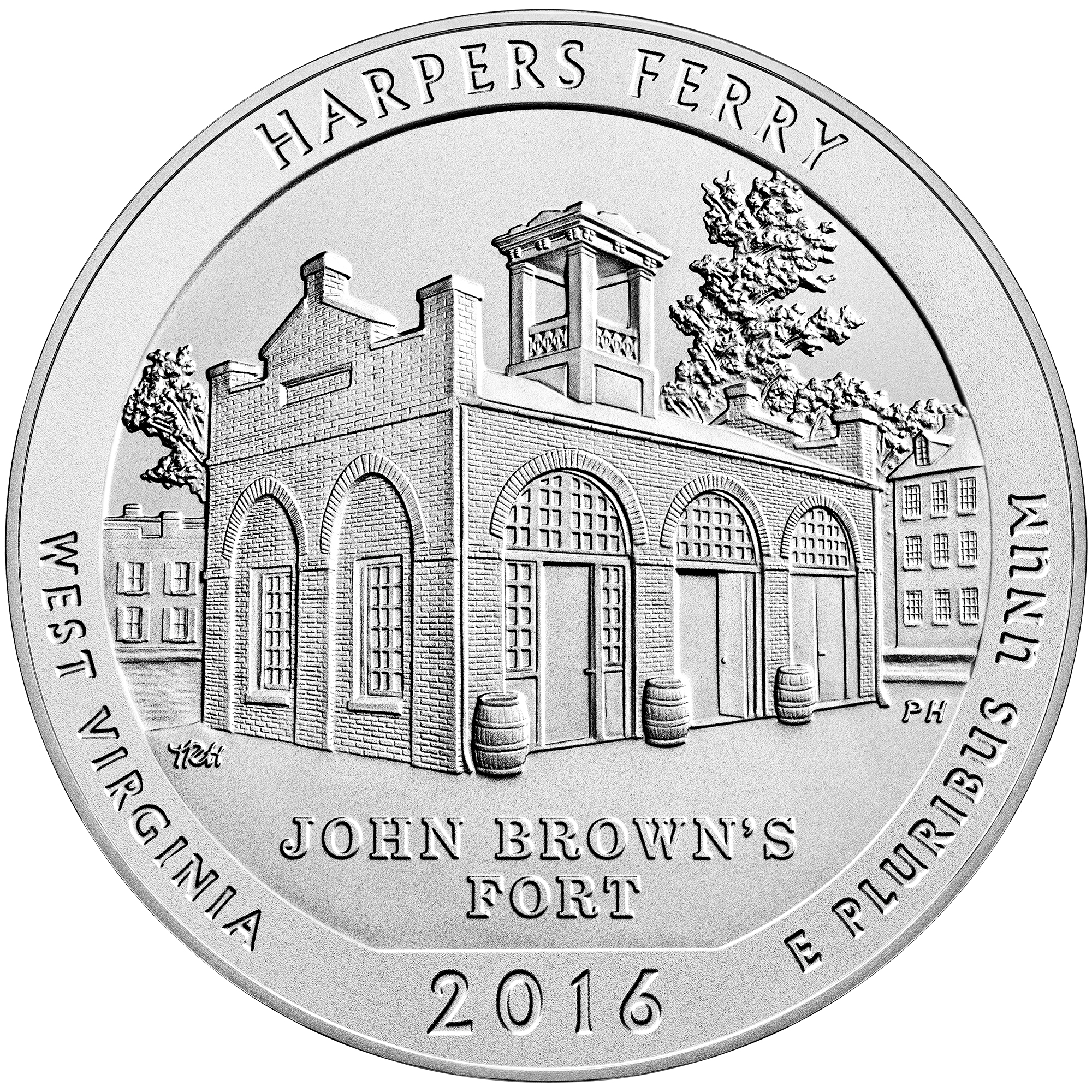 2016 America The Beautiful Quarters Five Ounce Silver Uncirculated Coin Harpers Ferry West Virginia Reverse