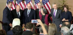 Members of Congress pose with three Monuments Men at the medal ceremony.
