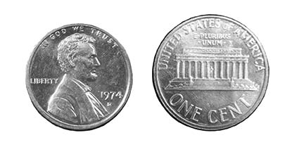 Obverse and reverse of 1974 aluminum penny.