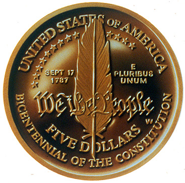 1987 Constitution Bicentennial Commemorative Gold Five Dollar Proof Reverse
