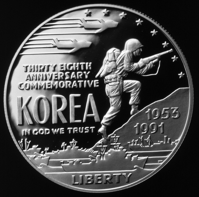 1991 Korean War Thirty Eighth Anniversary Commemorative Silver One Dollar Proof Obverse
