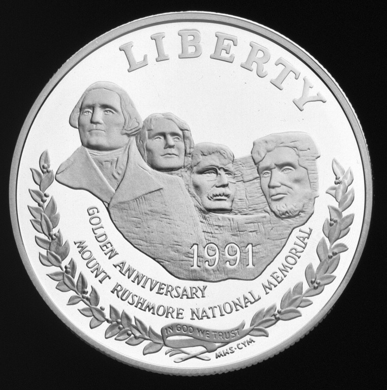 1991 Mount Rushmore Golden Anniversary Commemorative Silver One Dollar Proof Obverse