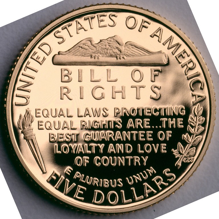 1993 Bill Of Rights Commemorative Gold Five Dollar Proof Reverse
