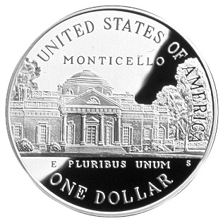 1993 Thomas Jefferson Two Hundred Fiftieth Anniversary Silver Dollar Reverse