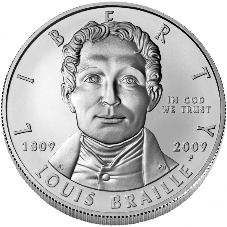 2009 Louis Braille Bicentennial Commemorative Silver One Dollar Uncirculated Obverse