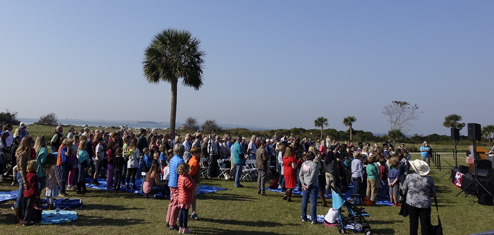A crowd of about 1,000 people witnesses the ceremonial launch of the Fort Moultrie (Fort Sumter National Monument) quarter on Sullivan's Island.
