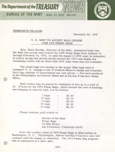 U.S. Mint to Accept Mail Orders for 1972 Penny Bags, December 20, 1972. Full text is duplicated in the body of this page.