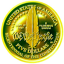 1987 Constitution Bicentennial Commemorative Gold Five Dollar Uncirculated Reverse