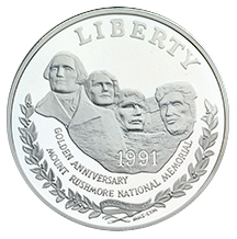 1991 Mount Rushmore Golden Anniversary Commemorative Silver One Dollar Uncirculated Obverse