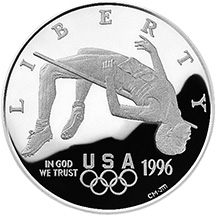 1996 Olympics High Jump Silver Dollar Proof Obverse