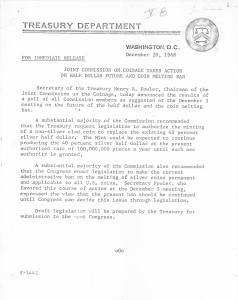 Joint Commission on Coinage Takes Action on Half Dollar Future and Coin Melting Ban, December 20, 1968. Full text is duplicated in the body of this page.