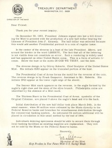 Letter from Director Adams to a citizen about the Kennedy Half Dollar. Full text is duplicated in the body of this page.