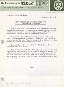Mint Postpones Ordering Date for 1973 Proof Coin Sets, September 25, 1972. Full text is duplicated in the body of this page.