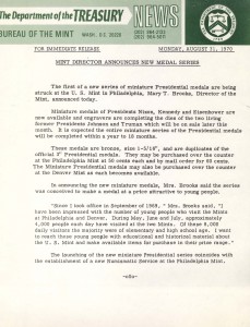 Mint Director Announces New Medal Series, August 31, 1970. Full text is duplicated in the body of this page.