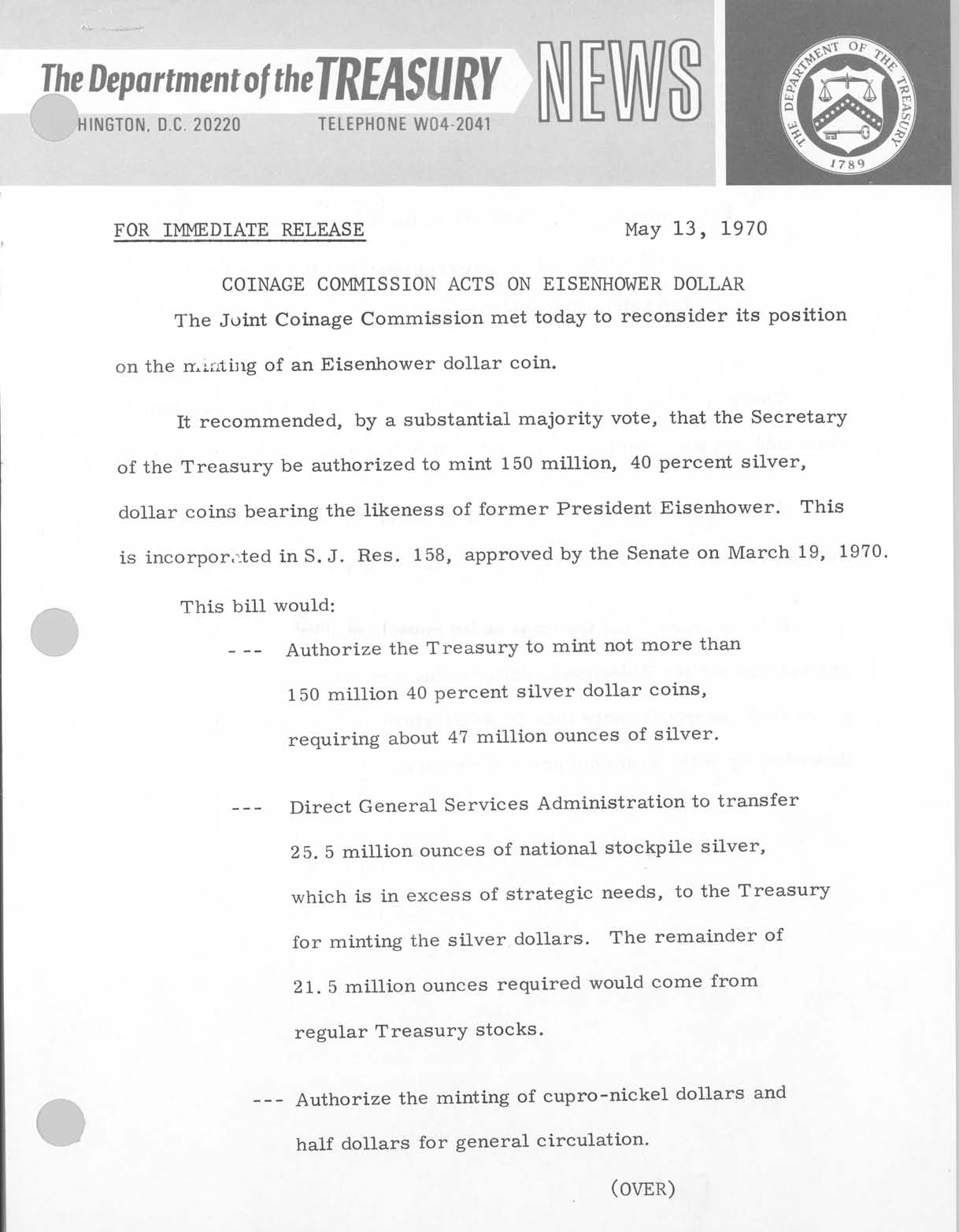 Historic Press Release: Commission Acts on Eisenhower Dollar, Page 1