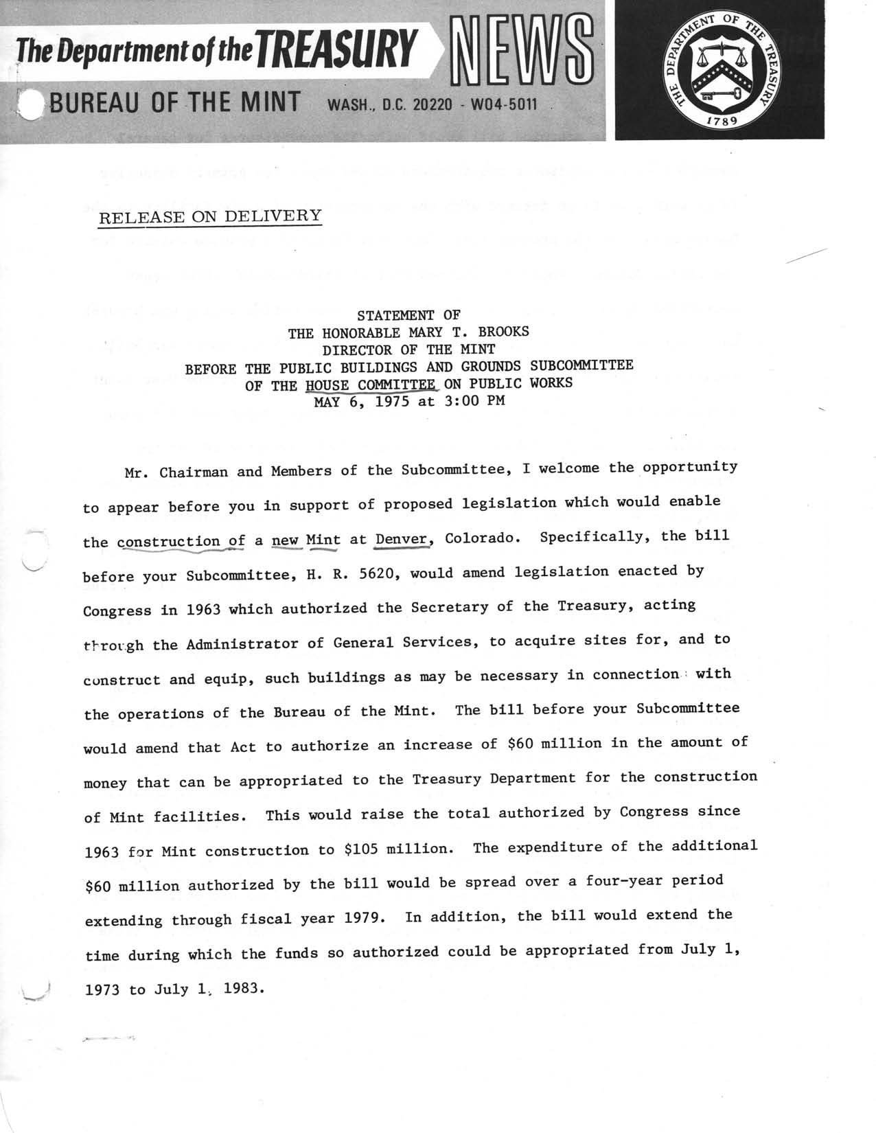 Historic Press Release: Brooks' Statement New Denver Mint, Page 1