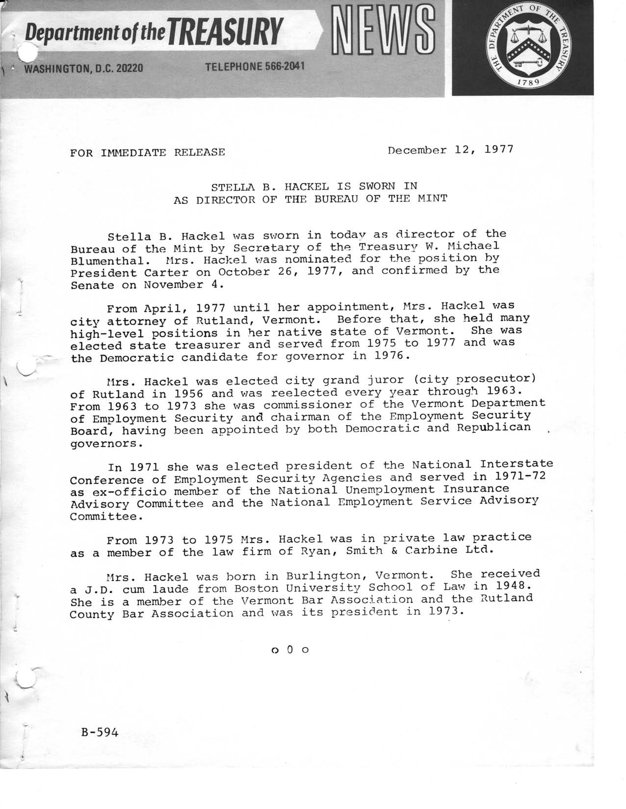 Historic Press Release: Hackel Sworn In, Page 1