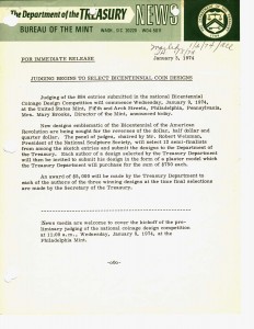 Judging Begins to Select Bicentennial Coin Designs, January 3, 1974. Full text is duplicated in the body of this page.