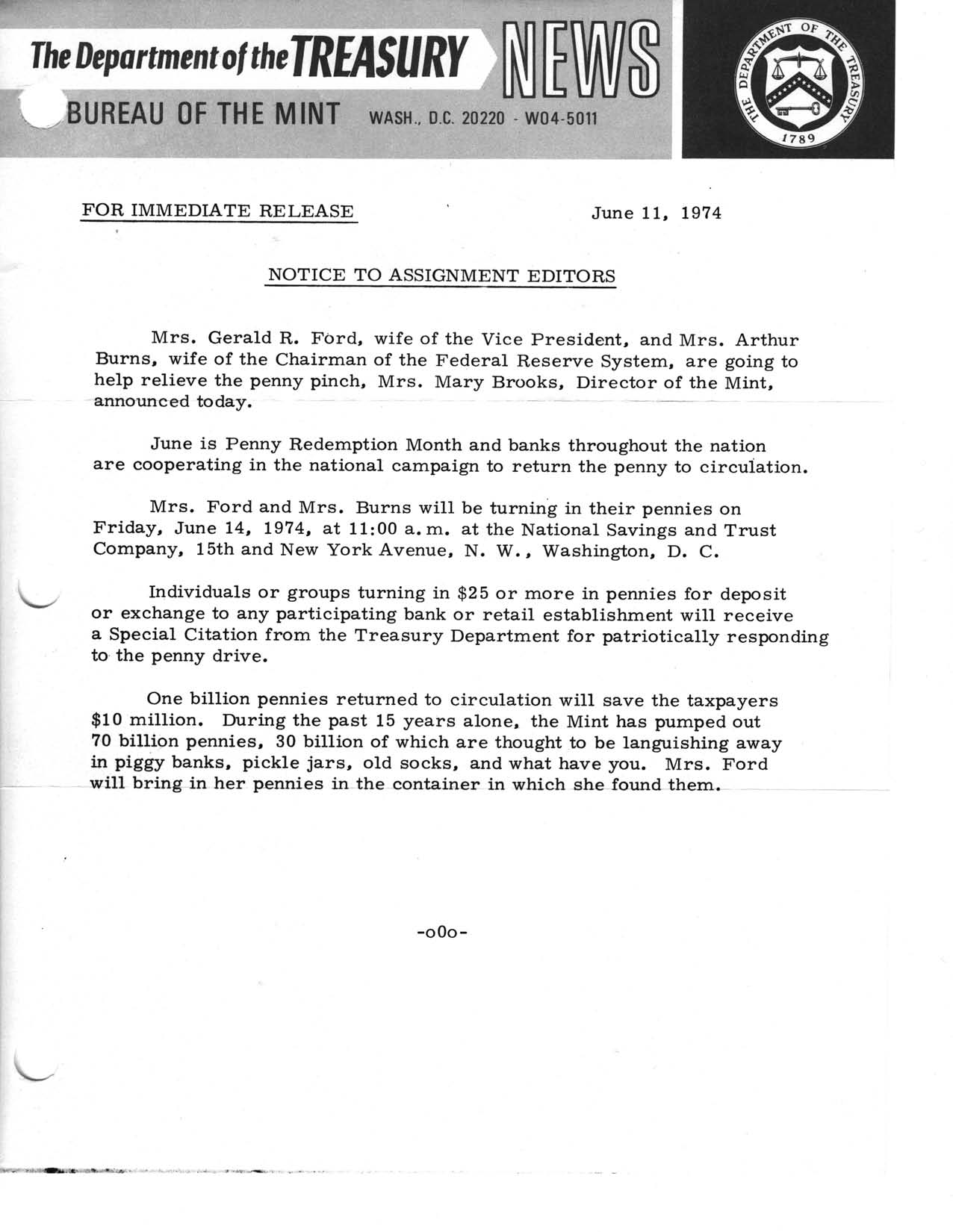 Historic Press Release: June is Penny Redemption Month, Page 1