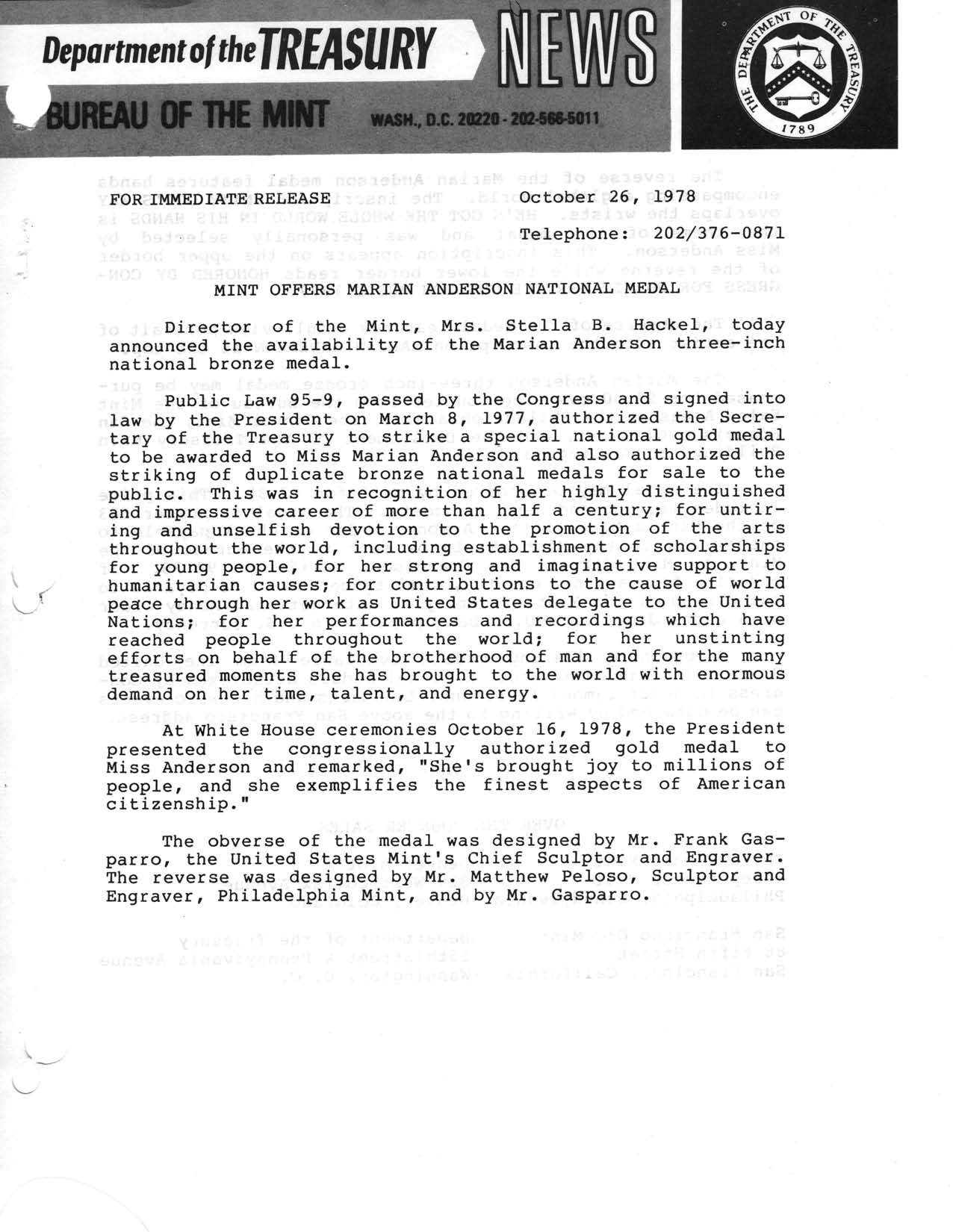 Historic Press Release: Marian Anderson National Medal, Page 1
