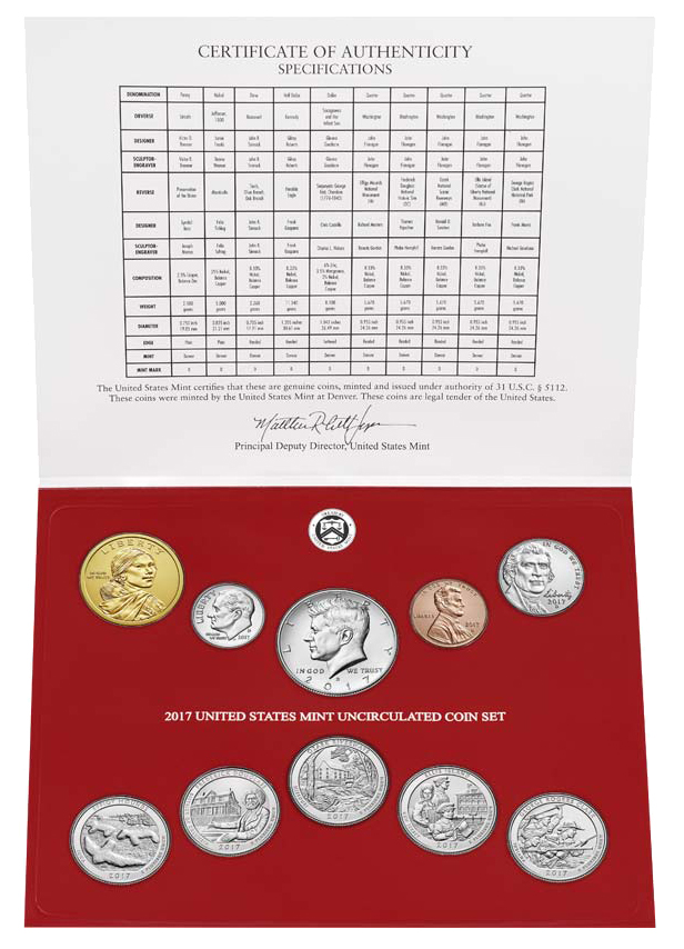 A red folder of 10 uncirculated coins from Denver.