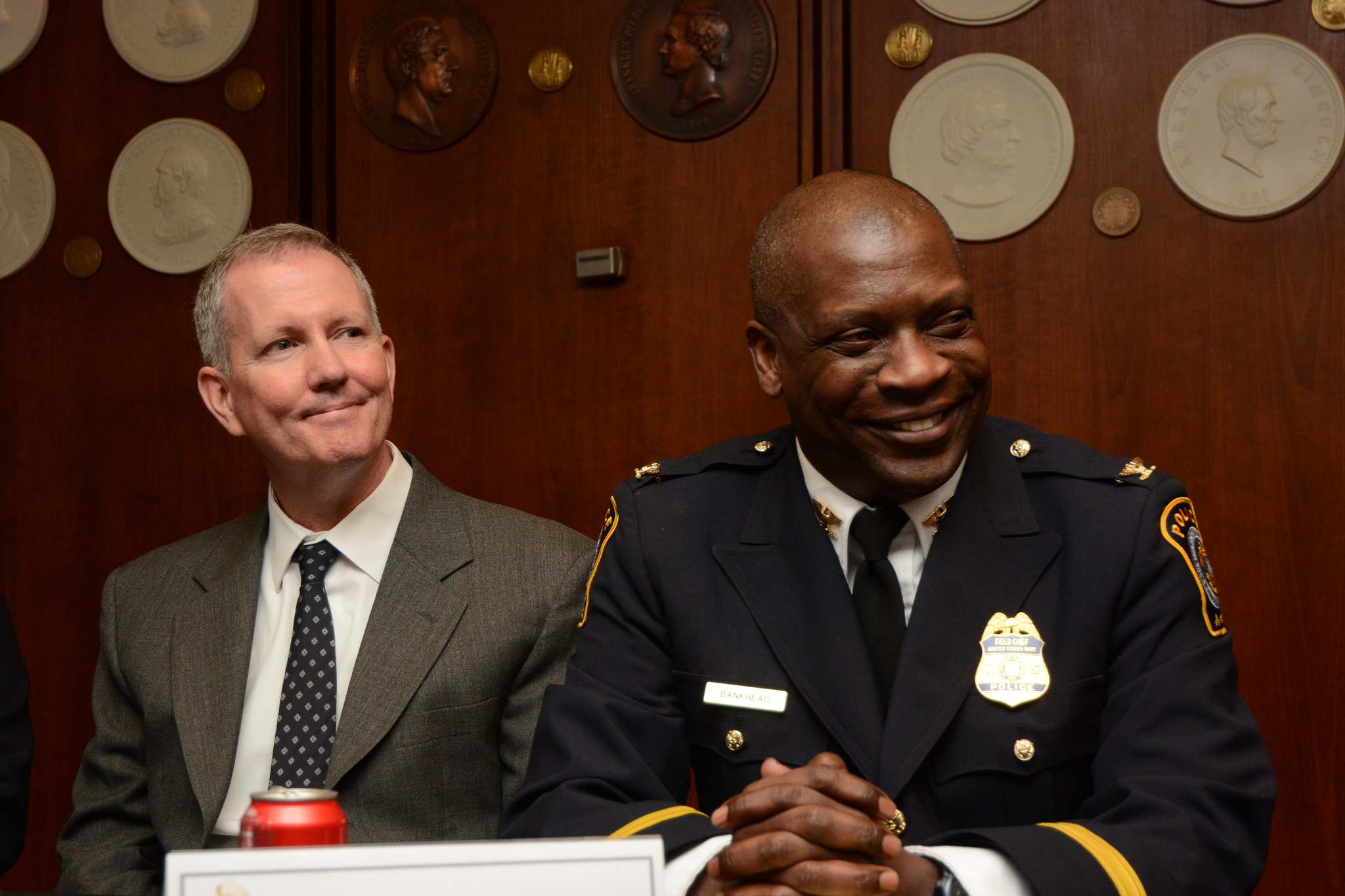 Public Affairs Manager (Philadelphia facility) Tim Grant and U.S. Mint Police Field Chief Robert L. Bankhead participate in a roundtable discussion on February 22, 2018, at the U.S. Mint facility in Philadelphia. U.S. Mint photo by Jill Westeyn.